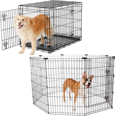 Frisco Heavy Duty Fold & Carry Double Door Collapsible Wire Dog Crate & Frisco Wire Dog Exercise Pen with Step-Through Door, Black, slide 1 of 1