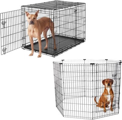 Frisco Heavy Duty Fold & Carry Double Door Collapsible Wire Dog Crate & Frisco Wire Dog Exercise Pen with Step-Through Door, Black, slide 1 of 1