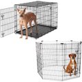 Frisco Heavy Duty Fold & Carry Double Door Collapsible Wire Dog Crate, 42 inch & Frisco Wire Dog Exercise Pen with Step-Through Door, Black, 42-in