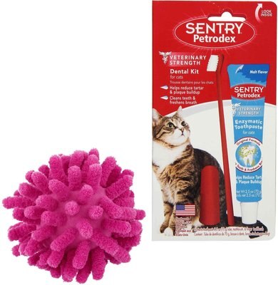 Frisco Moppy Ball Cat Toy, Pink & Sentry Petrodex Veterinary Strength Malt Toothpaste Dental Care Kit for Cats, slide 1 of 1