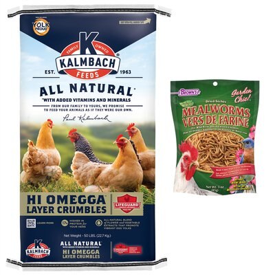 Kalmbach Feeds All Natural 17% Protein Hi Omega Layer Crumbles Chicken Feed, 50-lb bag & Brown's Dried Mealworms for Wild Birds & Chickens, 3-oz bag, slide 1 of 1