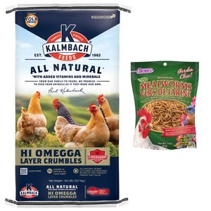 Kalmbach Feeds All Natural 17% Protein Hi Omega Layer Crumbles Chicken Feed, 50-lb bag & Brown's Dried Mealworms for Wild Birds & Chickens, 3-oz bag