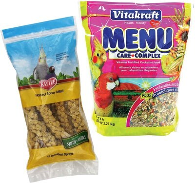 Kaytee Natural Spray Millet Bird Treats, 12 count & Vitakraft Menu Care Complex Cockatiel Food, 5-lb bag, slide 1 of 1
