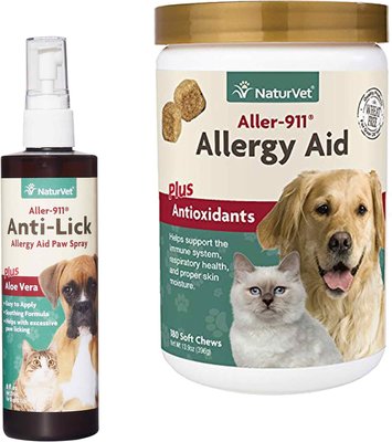 NaturVet Aller 911 Allergy Aid Anti-Lick Paw Plus Aloe Vera Dog & Cat Spray, 8-oz bottle & NaturVet Aller-911 Allergy Aid Plus Antioxidants Cat & Dog Soft Chews, 180 count, slide 1 of 1