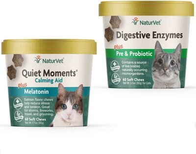 NaturVet Quiet Moments Calming Aid Plus Melatonin Cat Soft Chews, 60 count & NaturVet Digestive Enzymes Plus Probiotics Cat Soft Chews, 60 count, slide 1 of 1