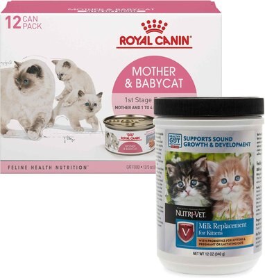 Nutri-Vet Kitten Milk Replacement Powder, 12-oz & Royal Canin Mother & Babycat Ultra-Soft Mousse in Sauce Wet Cat Food for New Kittens & Nursing or Pregnant Mother Cats, 3-oz, pack of 12, slide 1 of 1
