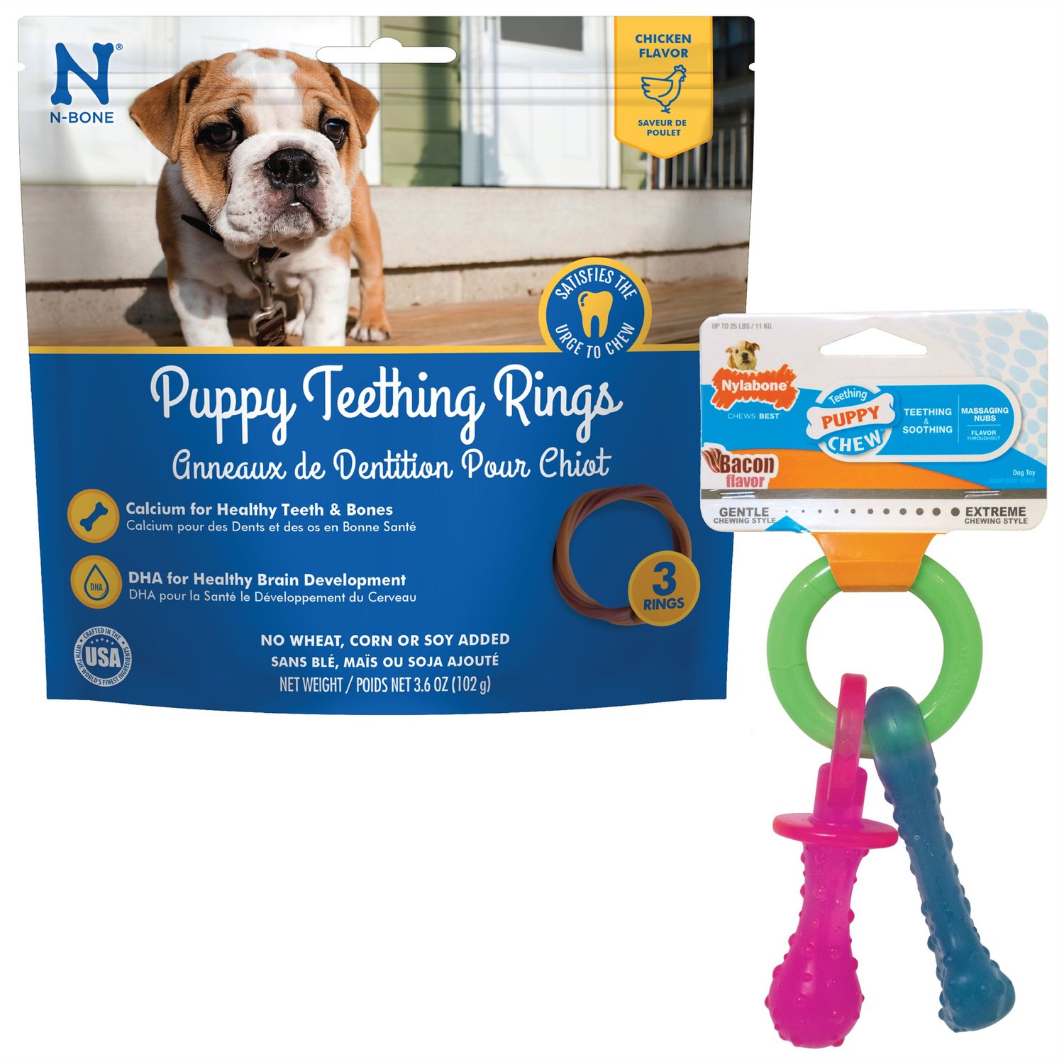 Bundle: Nylabone Teething Pacifier Puppy Chew Toy + N-Bone Puppy Teething Ring Chicken Flavor Dog Treats