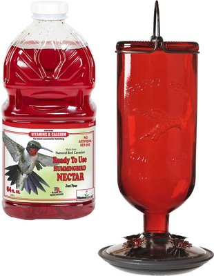 Perky-Pet Antique Bottle Hummingbird Feeder, Red & Homestead Natural Red Ready To Use Nectar Hummingbird Food, 64-oz, slide 1 of 1
