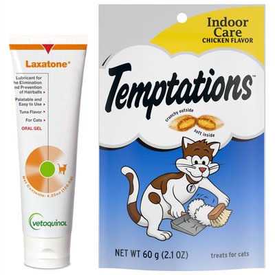 Vetoquinol Laxatone Lubricant for Hairballs Tuna Flavored Cat Oral Gel, 4.25-oz tube & Temptations Indoor Care Chicken Flavor Cat Treats, 2.1-oz bag, slide 1 of 1