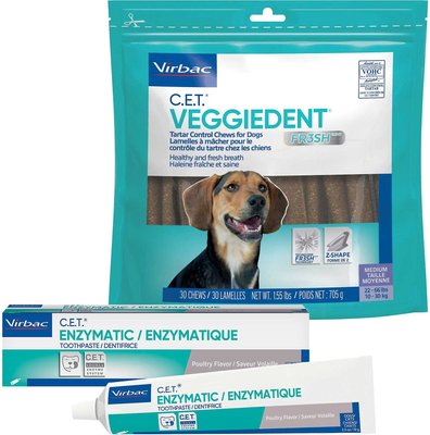 Virbac C.E.T. Enzymatic Dog & Cat Poultry Flavor Toothpaste, 70 gram & Virbac C.E.T. VeggieDent Fr3sh Tartar Control Dog Chews, Medium, 30 Count, slide 1 of 1