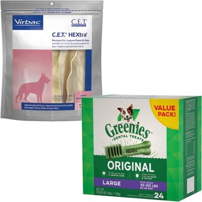 Virbac C.E.T. HEXtra Premium Dental Dog Chews, Large & Greenies Large Dental Dog Treats, 24 count, slide 1 of 1