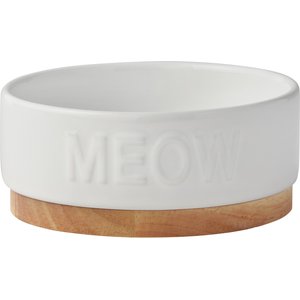 Frisco Round Meow Non-skid Ceramic Cat Bowl with Wood Base, 1.25 Cups