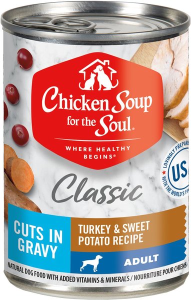 Chicken Soup Classic Cuts in Gravy Turkey & Sweet Potato Recipe Adult Dog Food, 13-oz can, case of 12 slide 1 of 6