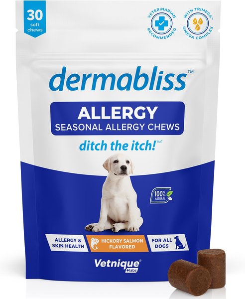 Vetnique Labs Dermabliss Allergy & Immune Salmon Flavored Seasonal Allergy & Fish Oil Soft Chew Supplement for Dogs, 30 count slide 1 of 7