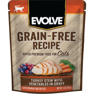Evolve Turkey Stew with Vegetables in Gravy Grain-Free Wet Pouch Cat Food, 3-oz pouch, case of 24