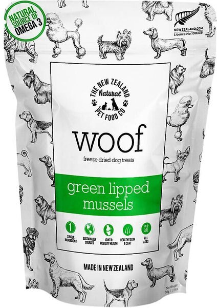 The New Zealand Natural Pet Food Co. Woof Green Lipped Mussels Freeze-Dried Dog Treats, 1.76-oz bag slide 1 of 3