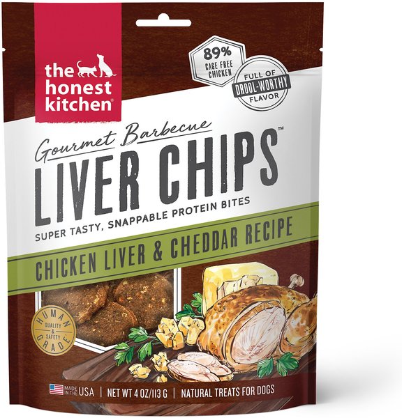The Honest Kitchen Gourmet Barbecue Liver Chips Chicken Liver & Cheddar Recipe Dog Treats, 4-oz bag slide 1 of 6