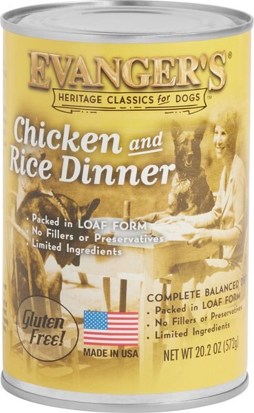 Evanger's Chicken & Rice Dinner Gluten-Free Wet Dog Food, 20.2-oz can, case of 12 slide 1 of 2