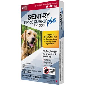 Sentry Fiproguard Plus Squeeze-On Dog Flea & Tick Treatment, 45 - 88lbs, 3 treatments(3-Month Protection)