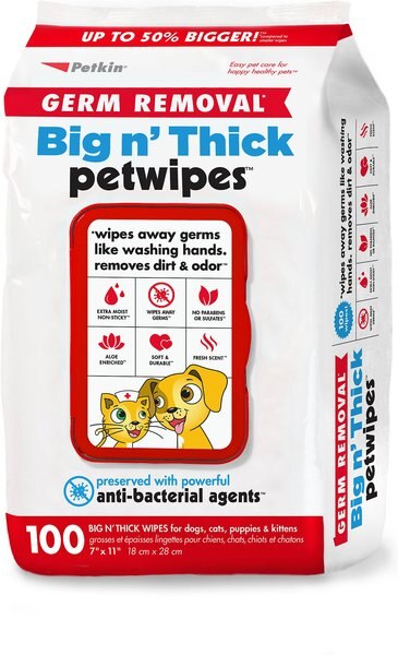 Petkin Petwipes Germ Removal Big n' Thick Antibacterial Dog & Cat Wipes, 100 count slide 1 of 1
