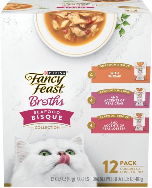 Fancy Feast Broths Seafood Bisque Collection Variety Pack Grain-Free Cat Food Topper, 1.4-oz pouch, case of 12, 3 count slide 1 of 9