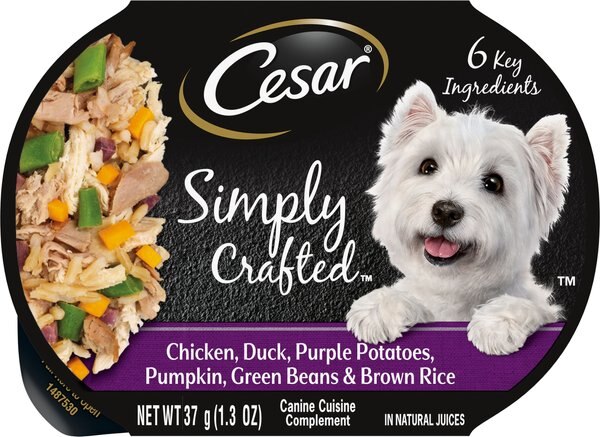 Cesar Simply Crafted Chicken, Duck, Purple Potatoes, Pumpkin, Green Beans & Brown Rice Wet Dog Food Meal Topper, 1.3-oz tray, case of 10 slide 1 of 7