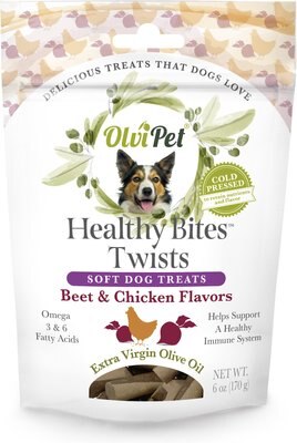 OlviPet Healthy Bites Twists Beet & Chicken Flavors Soft Dog Treats, 6-oz pouch, slide 1 of 1