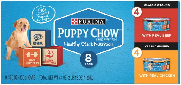 Puppy Chow Classic Ground Variety Pack Beef & Chicken Wet Puppy Food, 5.5-oz can, case of 16 slide 1 of 10