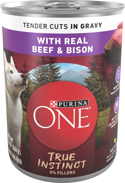Purina ONE SmartBlend True Instinct Tender Cuts In Gravy Real Beef & Bison Wet Dog Food, 13-oz can, case of 12 slide 1 of 9