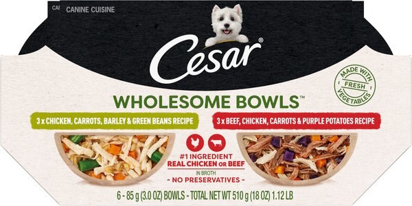 Cesar Wholesome Bowls Chicken, Carrots, Barley, Green Beans & Beef, Chicken, Carrots, Potatoes Variety Pack Wet Dog Food, 3-oz tray, case of 12, 3-oz tray, case of 12 slide 1 of 8