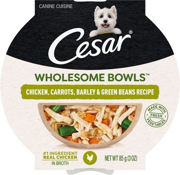 Cesar Wholesome Bowls Chicken, Carrots, Barley & Green Beans Recipe Wet Dog Food, 3-oz tray, case of 10 slide 1 of 9