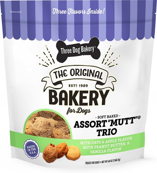 Three Dog Bakery Assort'Mutt' Trio Oat & Apple, Peanut Butter & Vanilla Dog Treats, 3-lb bag slide 1 of 3