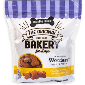 Three Dog Bakery Woofers Grain-Free Peanut Butter & Banana Woofers Dog Treats, 36-oz bag