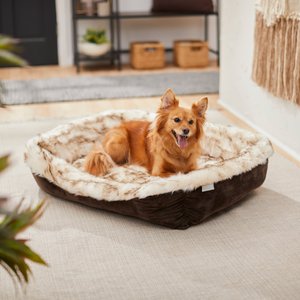 Frisco Faux Fur Rectangular Bolster Cat & Dog Bed, Large, Brown