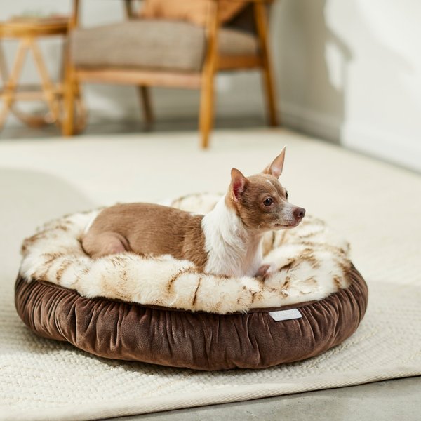 Frisco Faux Fur Velvet Round Bolster Cat & Dog Bed, Small, Brown slide 1 of 5