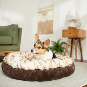 Frisco Faux Fur Velvet Round Bolster Cat & Dog Bed, Medium, Brown