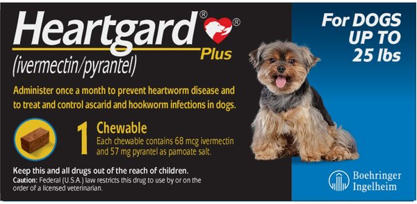 Heartgard Plus Chew for Dogs, up to 25 lbs, (Blue Box), 1 Chew (1-mo. supply) slide 1 of 11