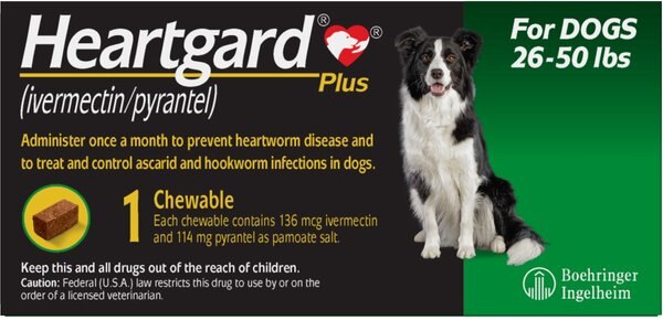 Heartgard Plus Chew for Dogs, 26-50 lbs, (Green Box), 1 Chew (1-mo. supply) slide 1 of 11