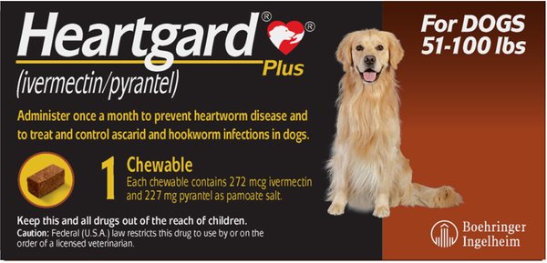 Heartgard Plus Chew for Dogs, 51-100 lbs, (Brown Box), 1 Chew (1-mo. supply) slide 1 of 11