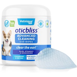Vetnique Labs Oticbliss Ear Wipes Advanced Cleaning, Soothing, & Medicated Dog & Cat Ear Wipes, 100 count