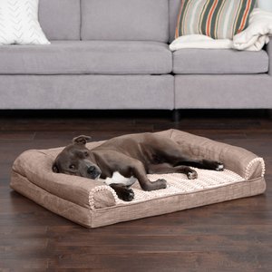FurHaven Luxe Fur & Performance Linen Orthopedic Sofa Cat & Dog Bed w/Removable Cover, Woodsmoke, Large