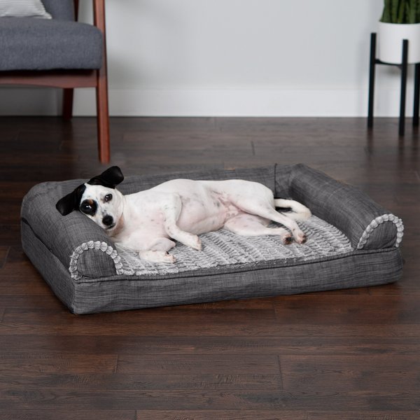 FurHaven Luxe Fur & Performance Linen Memory Top Sofa Cat & Dog Bed w/Removable Cover, Charcoal, Medium slide 1 of 9
