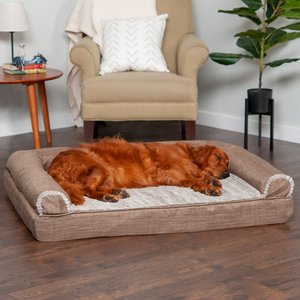 FurHaven Luxe Fur & Performance Linen Memory Top Sofa Cat & Dog Bed w/Removable Cover, Woodsmoke, Jumbo