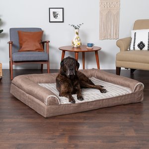 FurHaven Luxe Fur & Performance Linen Memory Top Sofa Cat & Dog Bed w/Removable Cover, Woodsmoke, Jumbo Plus