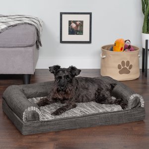 FurHaven Luxe Fur & Performance Linen Cooling Gel Top Sofa Cat & Dog Bed w/Removable Cover, Charcoal, Medium