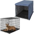 Frisco Heavy Duty Fold & Carry Single Door Collapsible Wire Crate, 42 inch & Frisco Dog Crate Cover, Navy Trellis, 42 inch