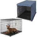 Frisco Fold & Carry Double Door Collapsible Wire Crate & Mat Kit, 42 inch & Frisco Dog Crate Cover, Navy Trellis, 42 inch