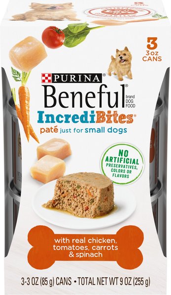 Purina Beneful IncrediBites Pate With Real Chicken, Tomatoes, Carrots & Spinach Wet Dog Food, 3-oz can, case of 24 slide 1 of 9