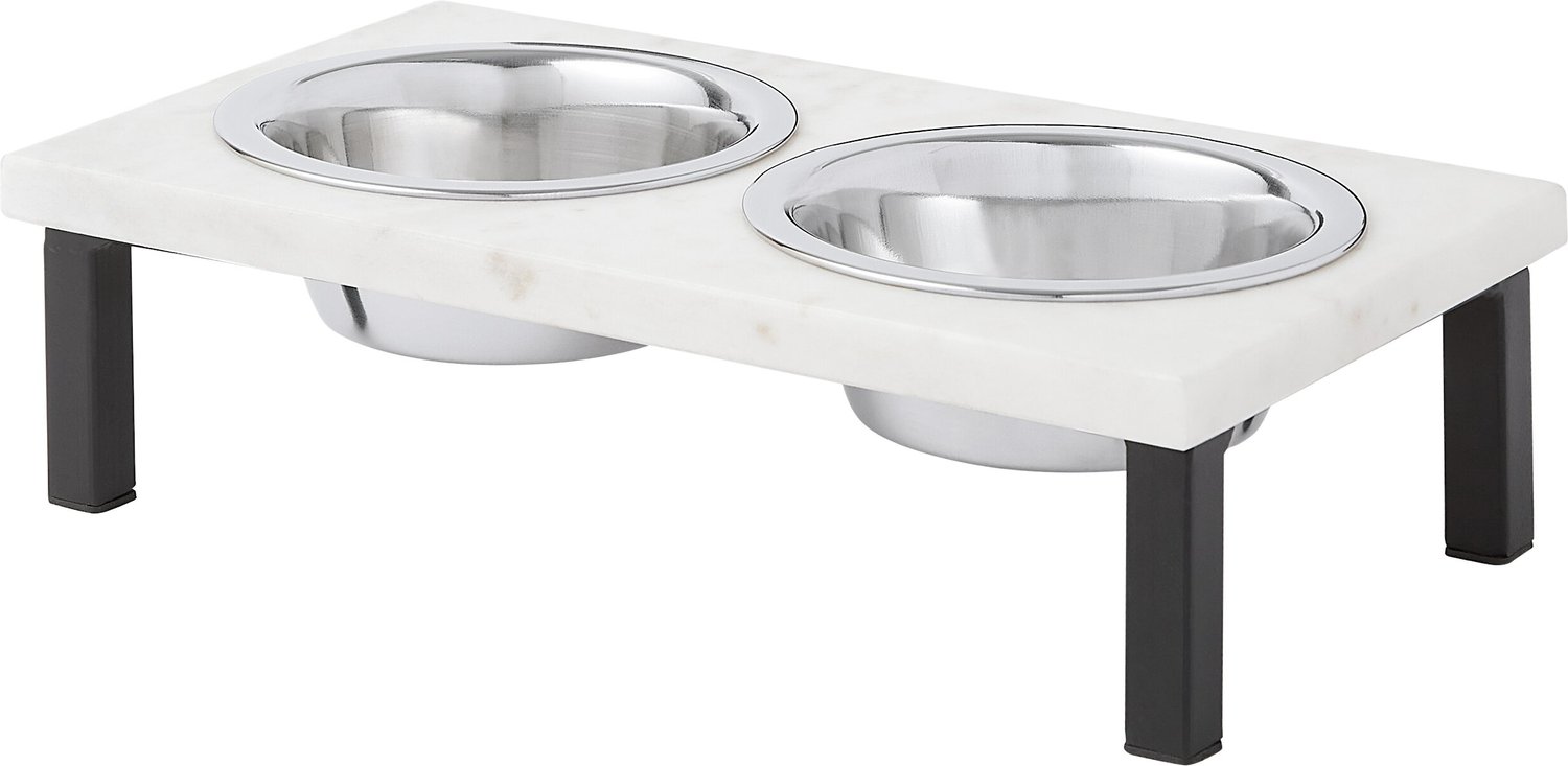 FRISCO Marble Stainless Steel Double Elevated Dog & Cat Bowls, Black Frisco Marble Print Stainless Steel Double Elevated Dog Bowl
