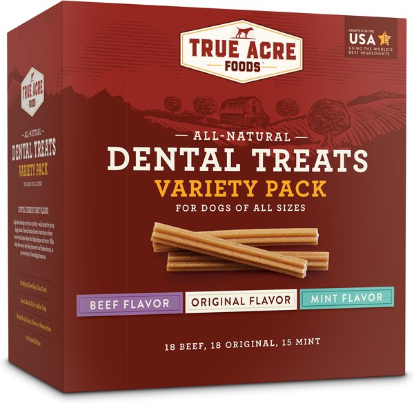 True Acre Foods All-Natural Dental Chew Sticks Variety Pack, Original, Beef, & Mint Flavor Dog Dental Treats, 51 count slide 1 of 7